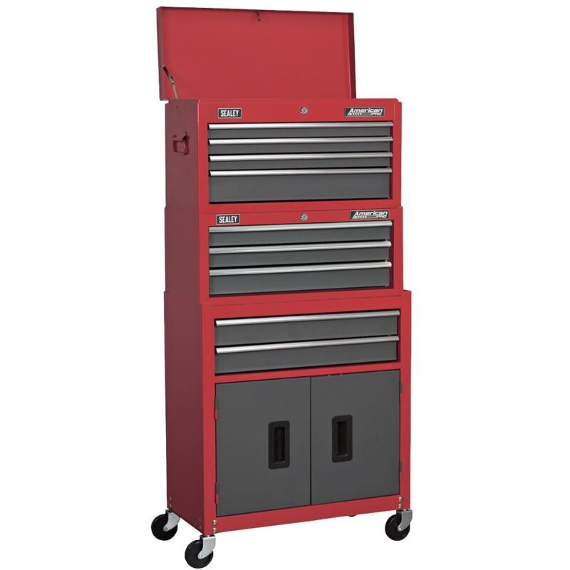 Sealey - AP2200BBSTACK American pro Topchest, Mid-Box Tool Chest & Rollcab Stack 9 Drawer - Red