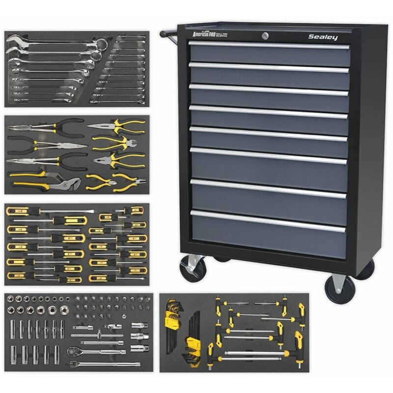 Rollcab 8 Drawer with Ball-Bearing Slides - Black/Grey & 136pc Tool Kit AP35TBCOMBO3 - Sealey