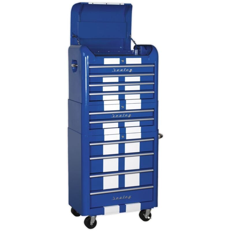 AP28COMBO2BWS Premier&trade Retro Style Topchest, Mid-Box Tool Chest & Rollcab Combination 10 Drawer - Blue with White Stripes - Sealey