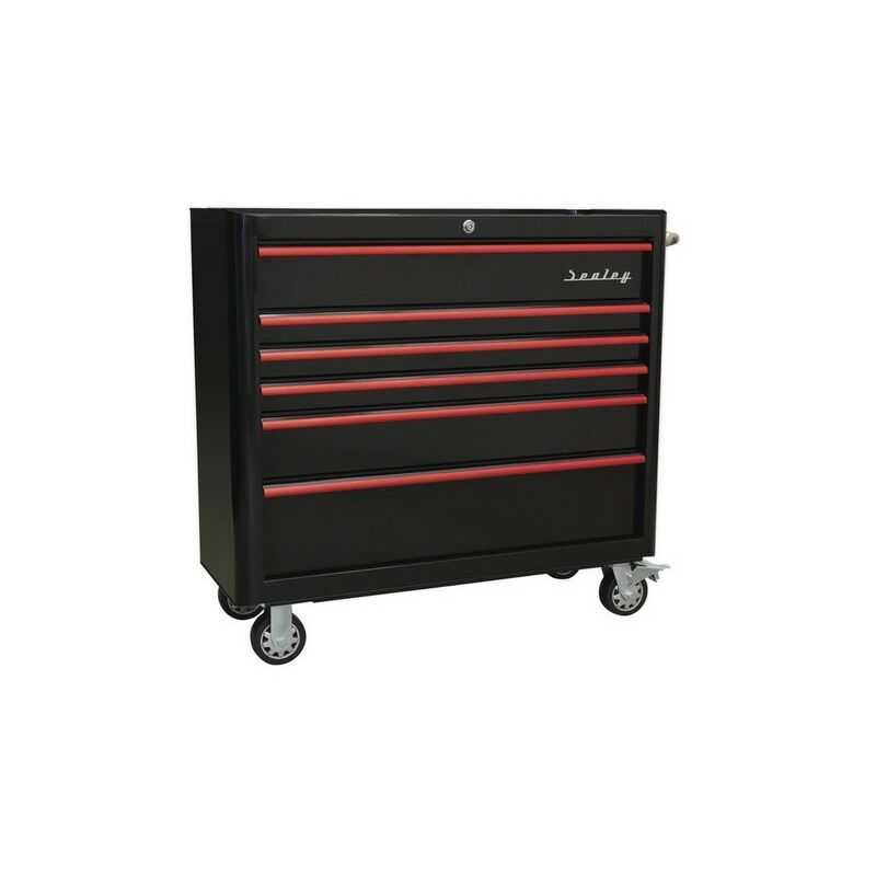 AP41206BR Rollcab 6 Drawer Wide Retro Style - Black with Red Anodised Drawer Pulls - Sealey