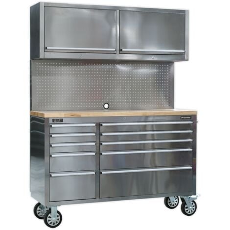 Sealey AP5520SS Premier™ Mobile Stainless Steel Tool Cabinet 10 Drawer with Backboard & 2 Wall Cupboards
