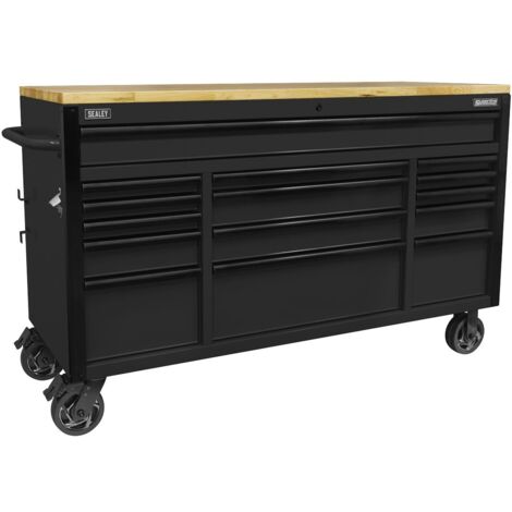 Sealey AP6215BE Superline PRO Black Edition Mobile Trolley with Wooden Worktop 15 Drawer 1549mm