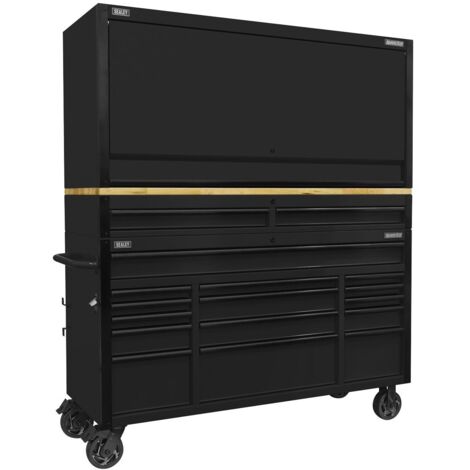 Sealey AP6215BECOMBO1 Superline PRO Black Edition Mobile Trolley with Wooden Worktop 15 Drawer, Hutch & 2 Drawer Riser 1549mm