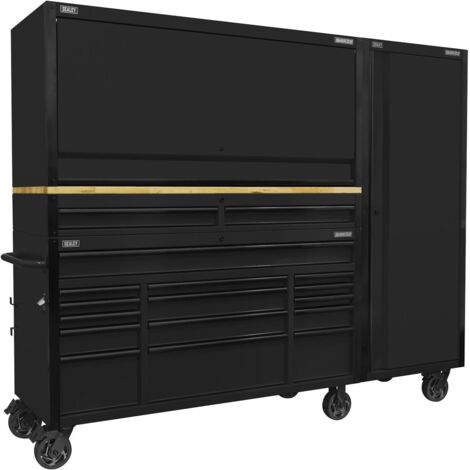 Sealey AP6215BECOMBO2 Superline PRO Black Edition Mobile Trolley Wooden Worktop 15 Drawer Hutch 2 Drawer Riser & Side Locker