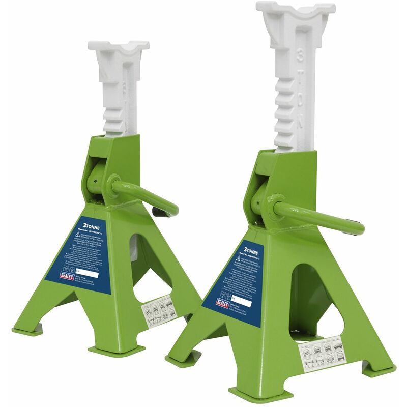 Sealey - Axle Stands (Pair) 3 Tonne Capacity per Stand Ratchet Type - Hi-Vis Green VS2003HV