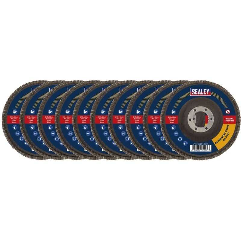 Sealey FD11540E10 115mm Aluminium Oxide Flap Discs 40Grit 22mm Bore - Pack of 10