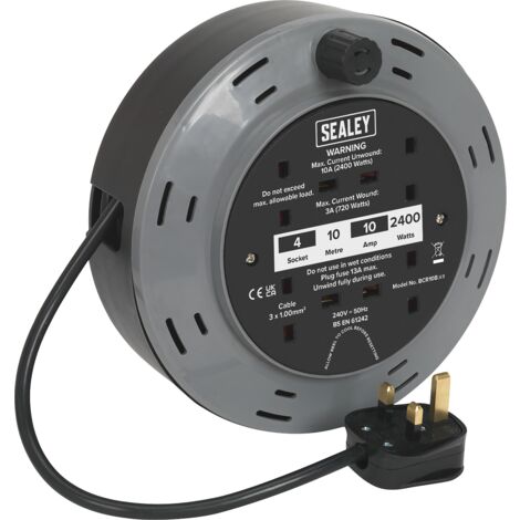 Sealey BCR10B 10m Cassette Type Cable Reel with Thermal Trip 4 x 230V