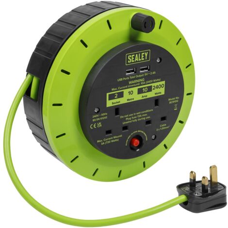 Sealey Cassette Type Cable Reel Green with Thermal Trip 2 x 230V and 2 x USB 10m BCR10G