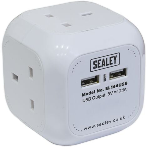 Sealey EL144USB 1.4m Extension Cable Cube 4 x 230V & 2 x USB Sockets - White