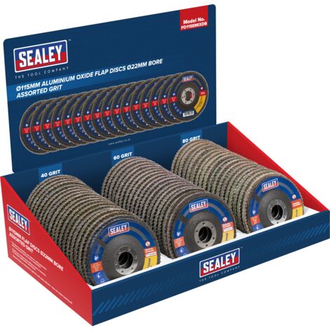 Sealey FD115EMIXDB Assorted Grit Flap Discs Aluminium Oxide 115mm 22mm Bore - Display Box of 60