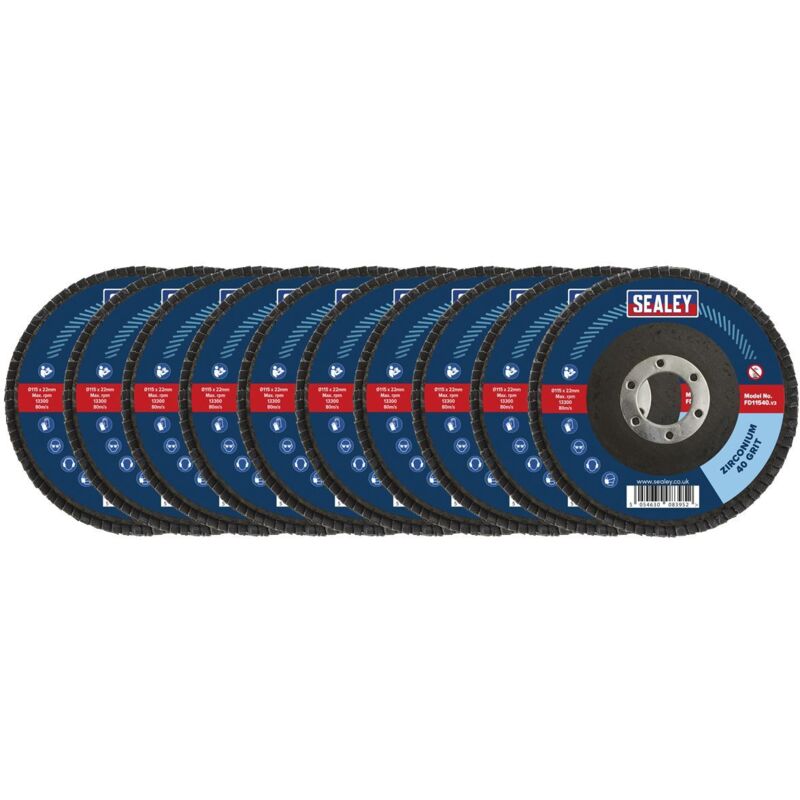 Sealey - FD1154010 115mm Zirconium Flap Discs 40Grit 22mm Bore - Pack of 10