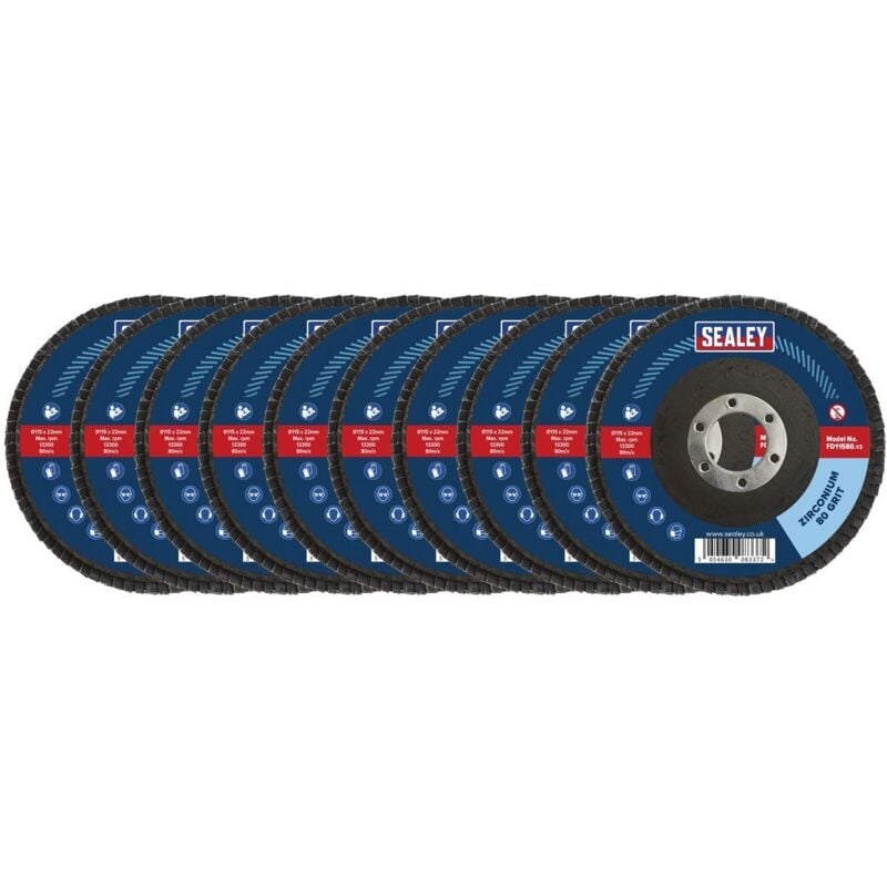 Sealey - FD1158010 115mm Zirconium Flap Discs 80Grit 22mm Bore - Pack of 10