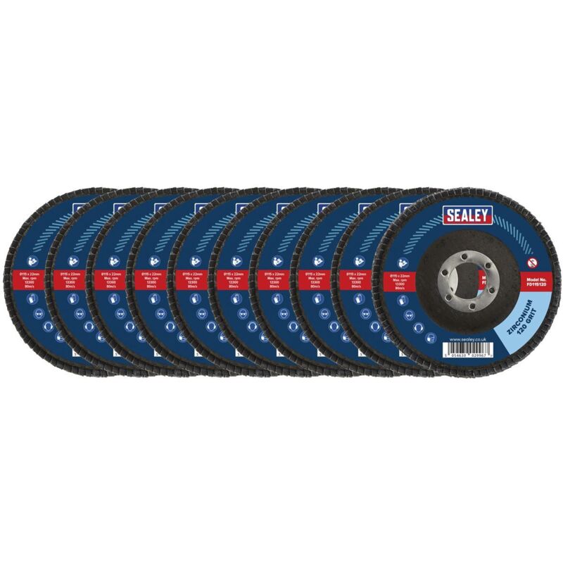 Sealey - FD11512010 115mm Zirconium Flap Discs 120Grit 22mm Bore - Pack of 10