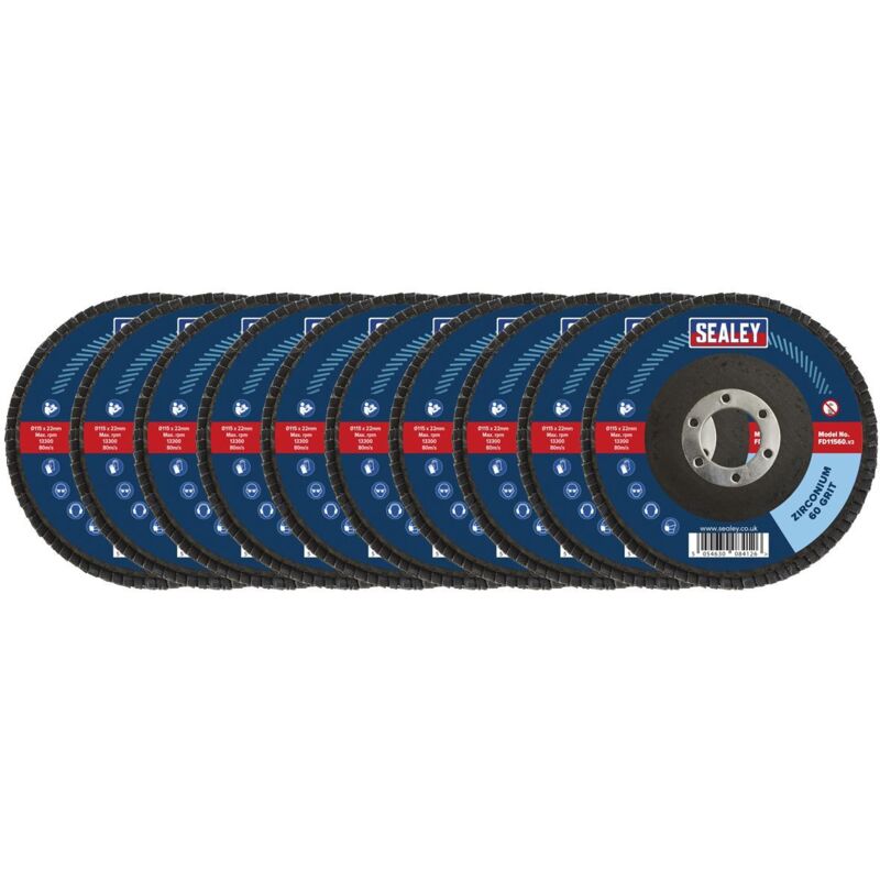 Sealey - FD1156010 115mm Zirconium Flap Discs 60Grit 22mm Bore - Pack of 10