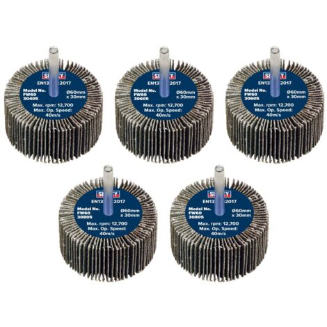 Sealey FW6030ASS 60 x 30mm Abrasive Flap Wheel on 6mm Shaft Assorted Grit - Pack of 5