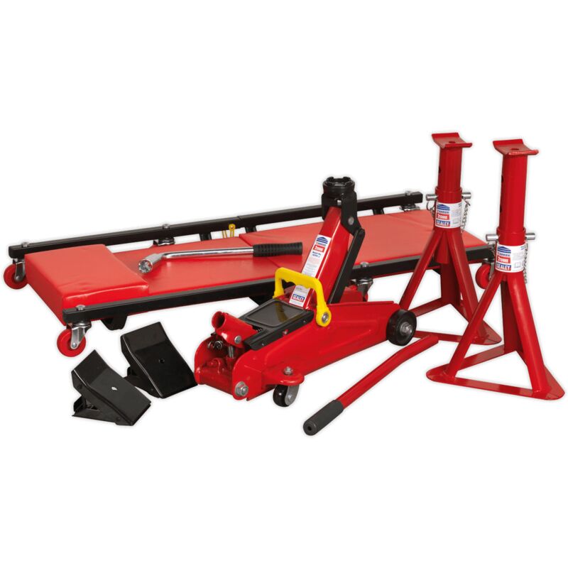 JKIT01 Lifting Kit 5pc 2tonne (Inc Jack, Axle Stands, Creeper, Chocks & Wrench) - Sealey