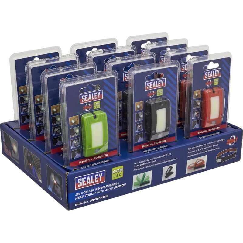 Sealey - LED360HTDB Rechargeable Head Torch with Auto-Sensor 2W cob led - Display Box of 12
