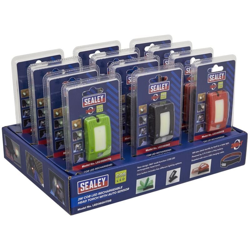 Sealey - LED360HTDB Rechargeable Head Torch with Auto-Sensor 2W cob led - Display Box of 12