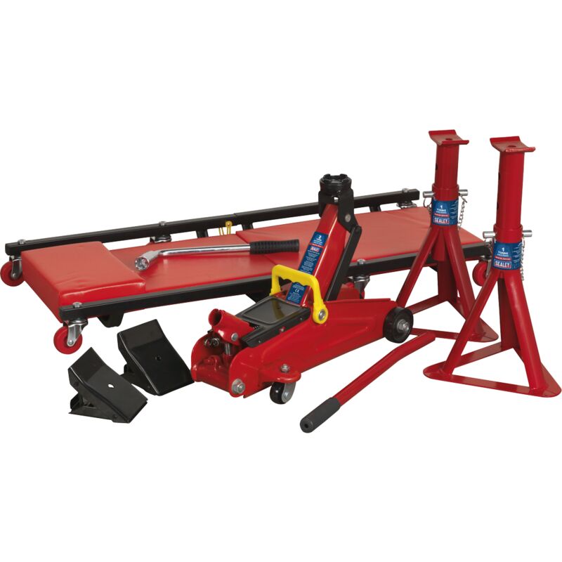 JKIT01 Lifting Kit 5pc 2tonne (Inc Jack, Axle Stands, Creeper, Chocks & Wrench) - Sealey