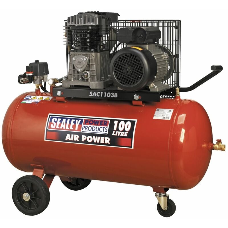 Air Compressor 100L Belt Drive 3hp with Cast Cylinders & Wheels SAC1103B - Sealey