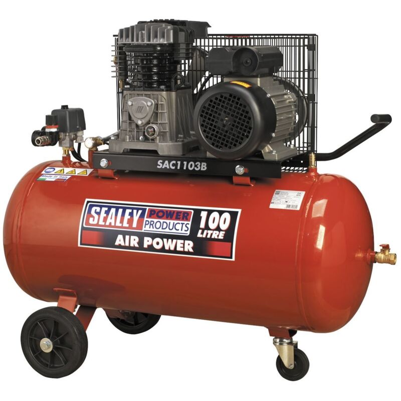 Sealey - Air Compressor 100L Belt Drive 3hp with Cast Cylinders & Wheels SAC1103B