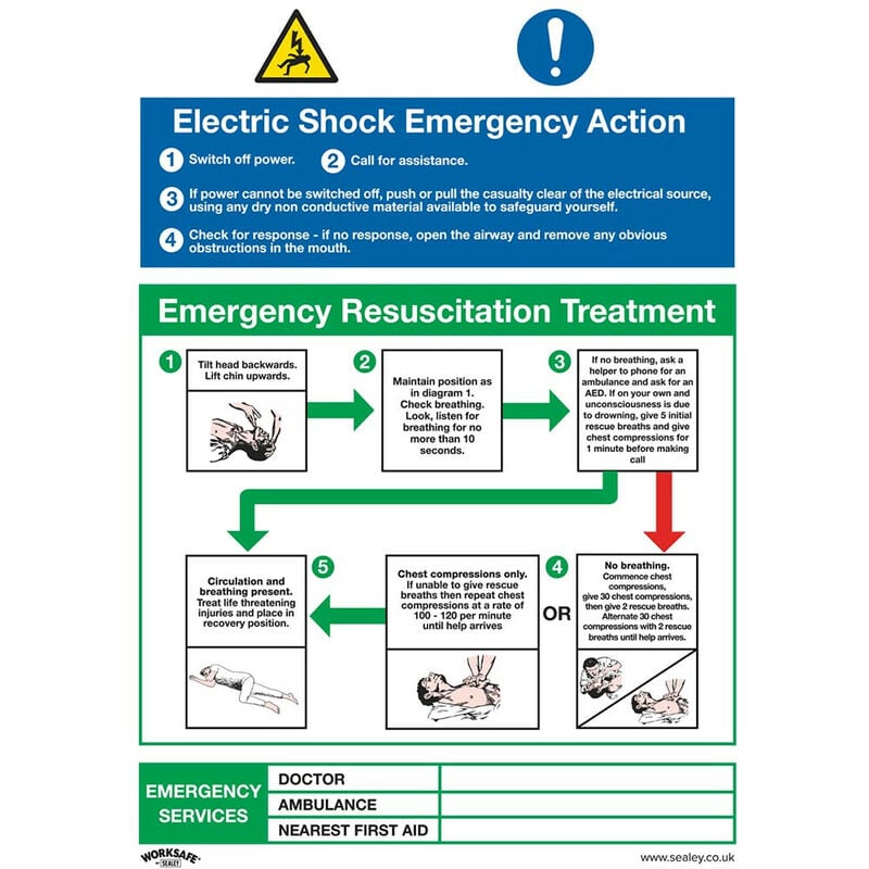 Sealey - SS33P1 Safe Conditions Safety Sign - Electric Shock Emergency Action - Rigid Plastic