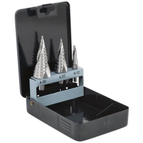 Sealey Spiral Flute HSS 4341 Step Drill Bit Set 3pc AK4749