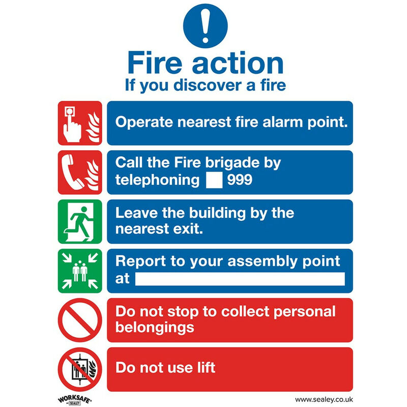 SS19V10 Safe Conditions Safety Sign - Fire Action With Lift - Self-Adhesive Vinyl - Pack of 10 - Sealey