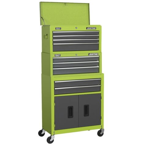 Sealey Topchest, Mid-Box & Rollcab 9 Drawer Stack - Hi-Vis Green AP2200BBHVSTACK