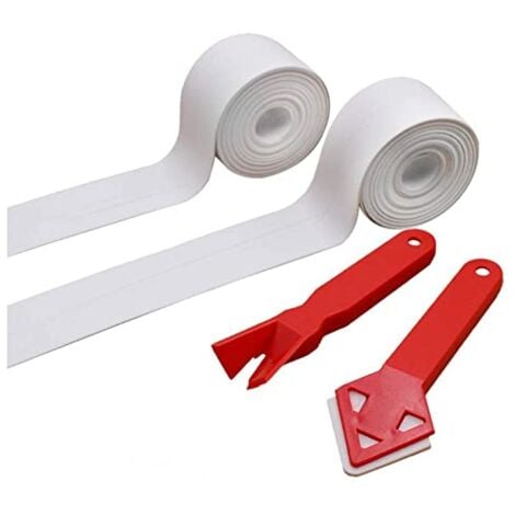 Sealing Strip,2 Rolls Shower Strip Tape+2 Caulking Tool Bathroom Silicone Seal Tape Bathtub PE Self Adhesive for Corner Bath Toilet Kitchen