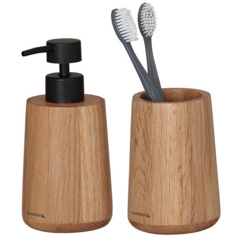 Sealskin Terre Ensemble de salle de bain - Distributeur de savon 150 ml - Gobelet à brosse à dents - Chêne