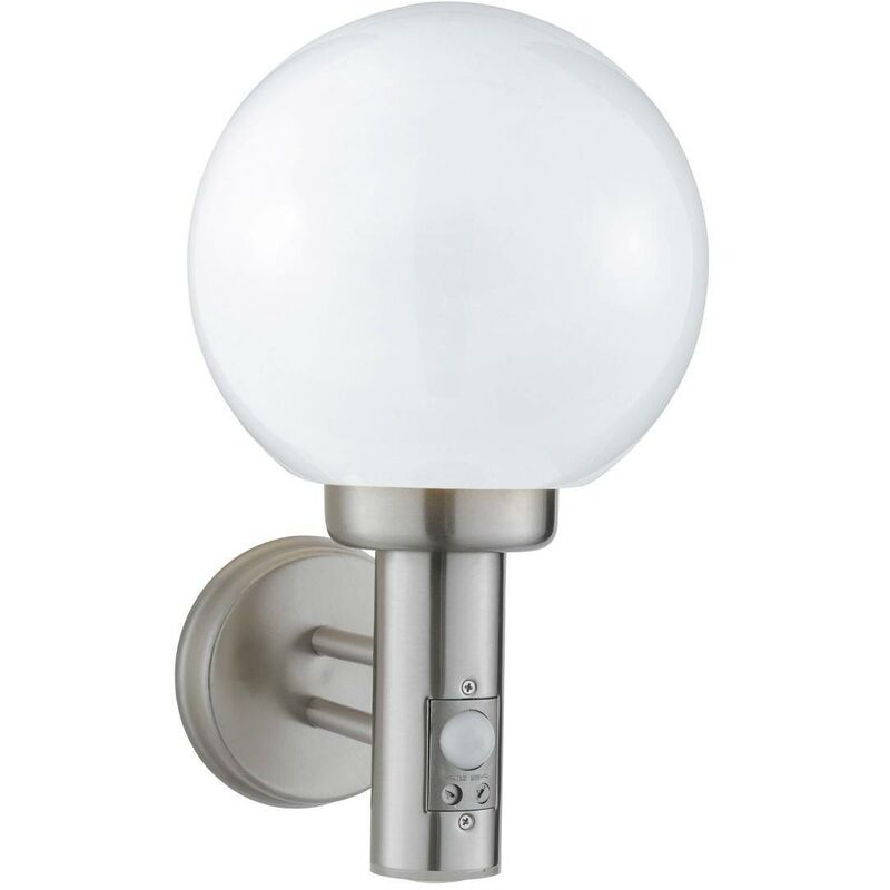 1 Light Outdoor Globe Wall Light Satin Silver with Motion Sensor IP44, E27 - Searchlight