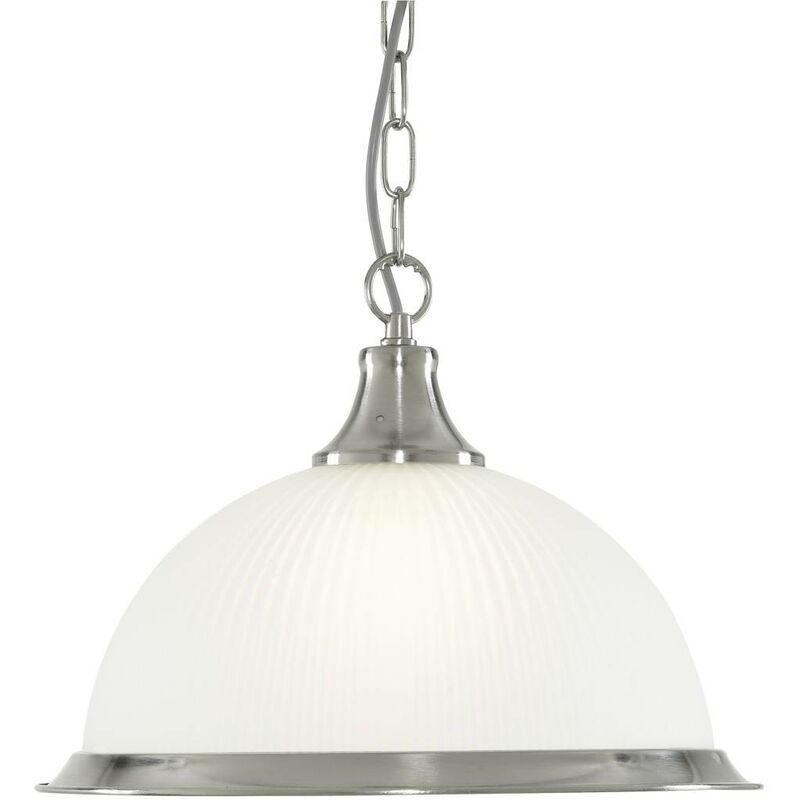 American Diner - 1 Light Dome Ceiling Pendant Satin Silver, Acid Ribbed Glass, E27 - Searchlight