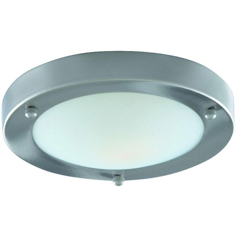 Bathroom Flush - 1 Light Bathroom Flush Ceiling Light Satin Silver Round with Domed Glass Diffuser IP44, E27 - Searchlight