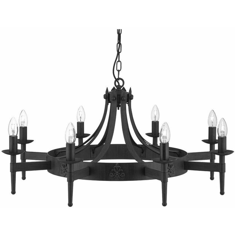 03-searchlight - 8 light pendant lamp Cartwheel, in black wrought iron