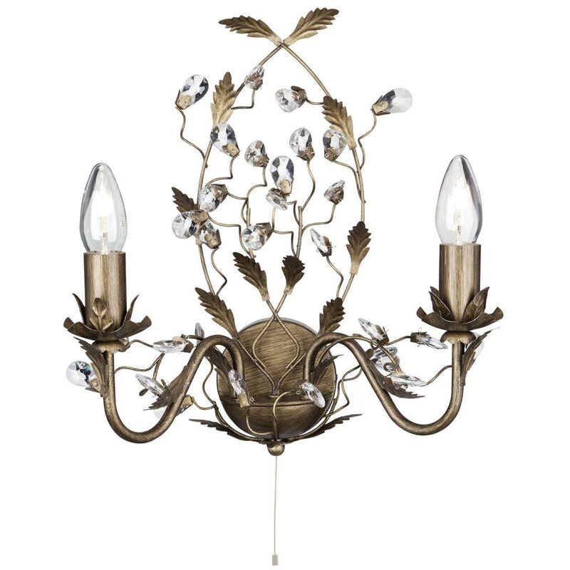 Searchlight - Almandite - 2 Light Candle Wall Light Brown Gold With Crystals Floral Leaves Design, E14