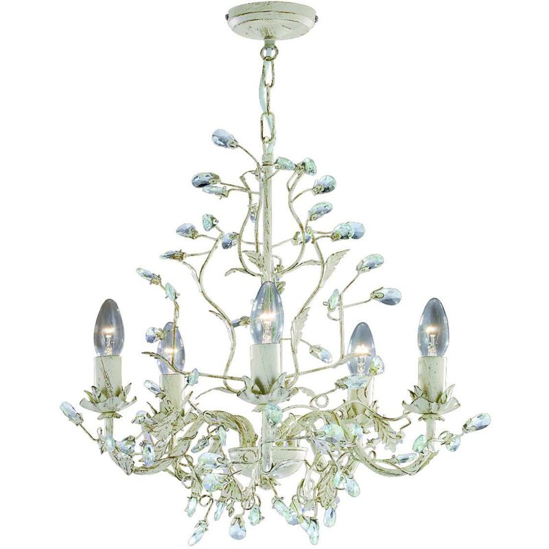 Almandite - 5 Light Multi Arm Ceiling Pendant Gold, Cream with Crystals Floral Leaves Design, E14 - Searchlight