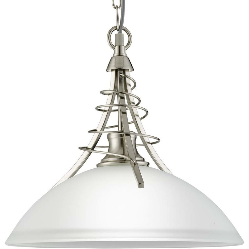 Image of Linea - 1 Light Dome Ceiling Pendant Satin Silver with Opal Glass Shade, E27 - Searchlight