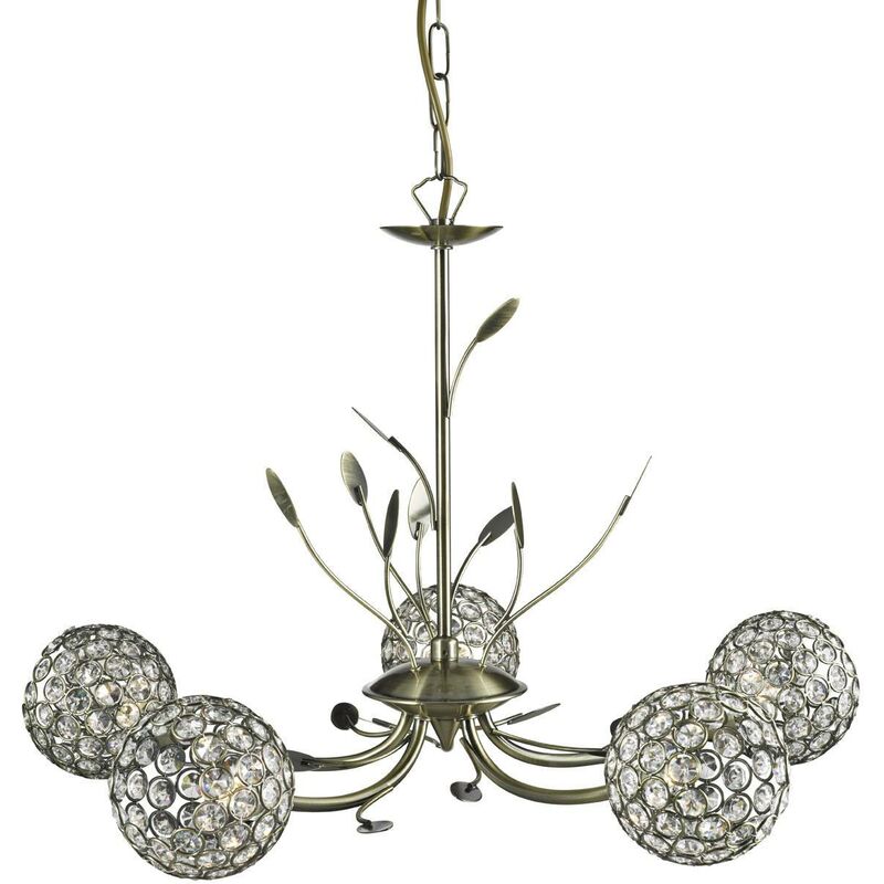 Bellis - 5 Light Multi Arm Ceiling Pendant Flower Design Antique Brass, Glass, G9 - Searchlight