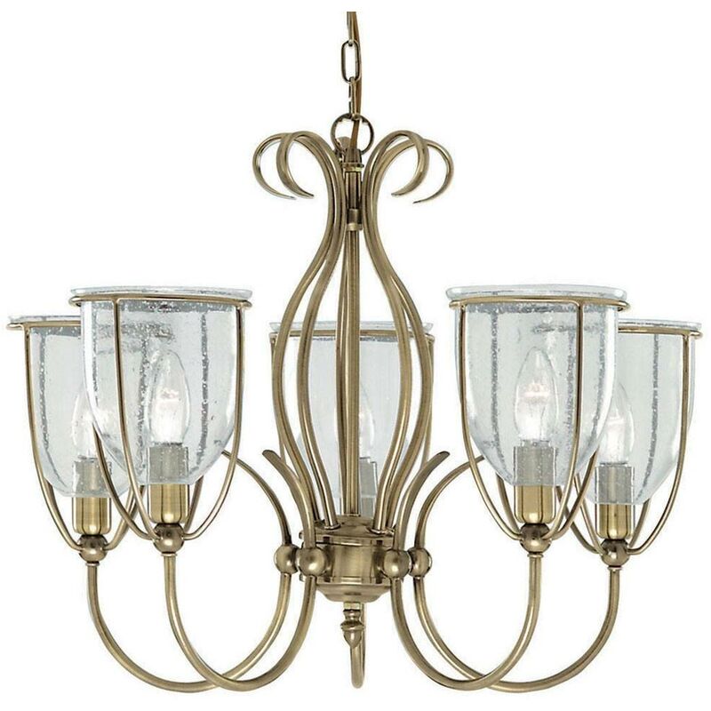 Silhouette - 5 Light Multi Arm Ceiling Pendant Antique Brass with Seeded Glass Shades, E14 - Searchlight