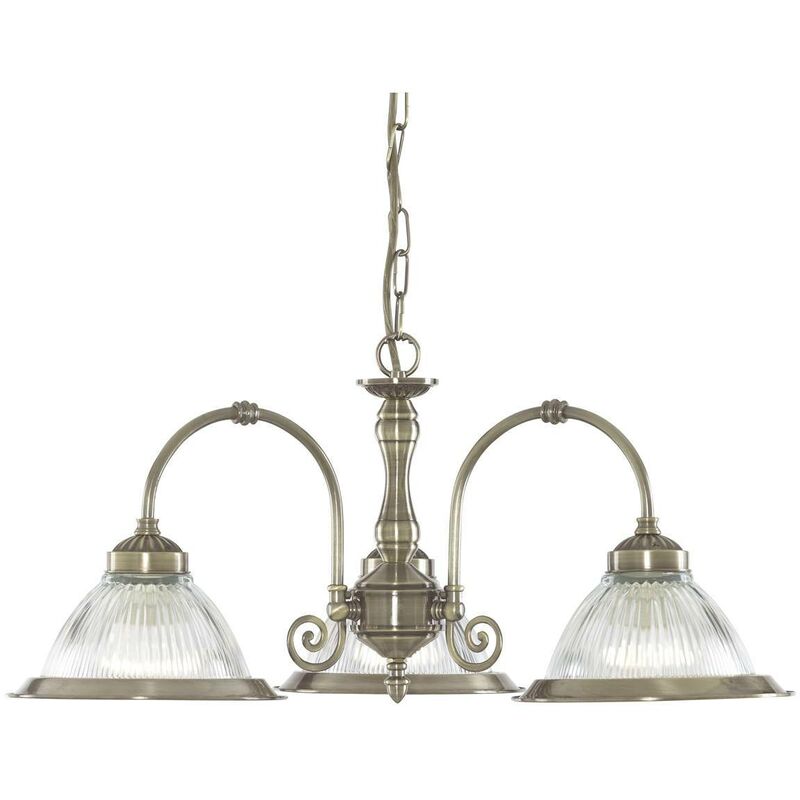 Searchlight American Diner - 3 Light Multi Arm Ceiling Pendant Antique Brass, Ribbed Glass, E27