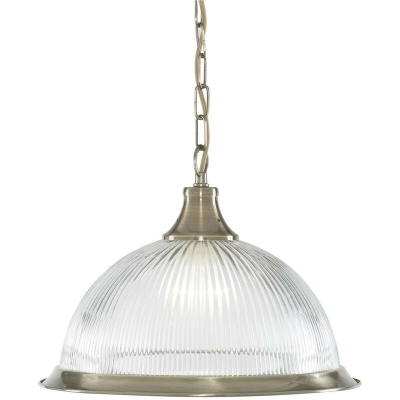 American Diner - 1 Light Dome Ceiling Pendant Antique Brass, Ribbed Glass, E27 - Searchlight