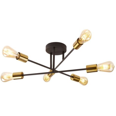 Searchlight Armstrong - Plafonnier semi-affleurant à 6 ampoules noir mat, laiton satiné, E27