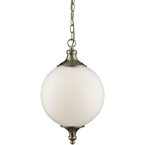 Searchlight Avalon - Sospensione a soffitto a 1 globo di luce in ottone antico, vetro opalino, E27