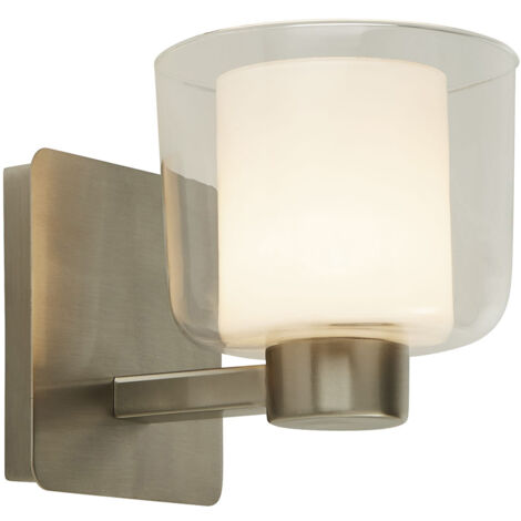 Searchlight Bathroom 1 Light Applique Nichel Satinato Con Vetro Trasparente E Interno Bianco Ip44