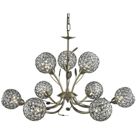 Searchlight Bellis - Suspension de plafond à 9 ampoules à bras multiples, design de fleurs, laiton antique, verre neuf, G9