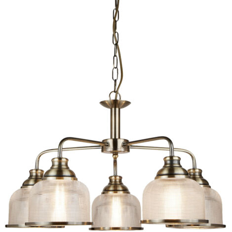 Searchlight Bistro - Sospensione a soffitto a 5 luci multibraccio bianco, ottone antico, attacco E27