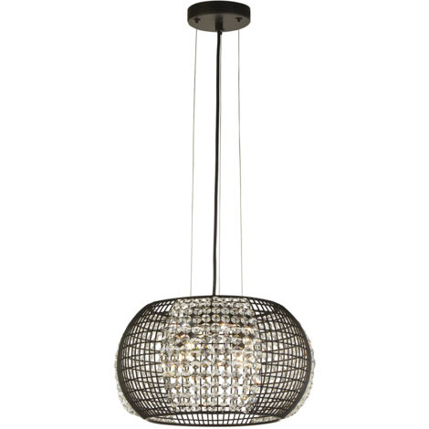 Searchlight CAGE - Sospensione a soffitto a tamburo nero a 4 luci con pannelli in cristallo