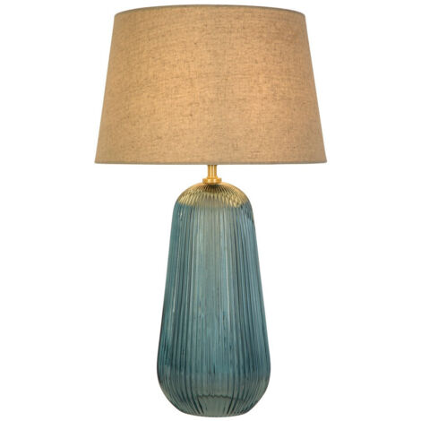 Searchlight Cameo Lampada da tavolo 1 luce, vetro blu con paralume in lino naturale