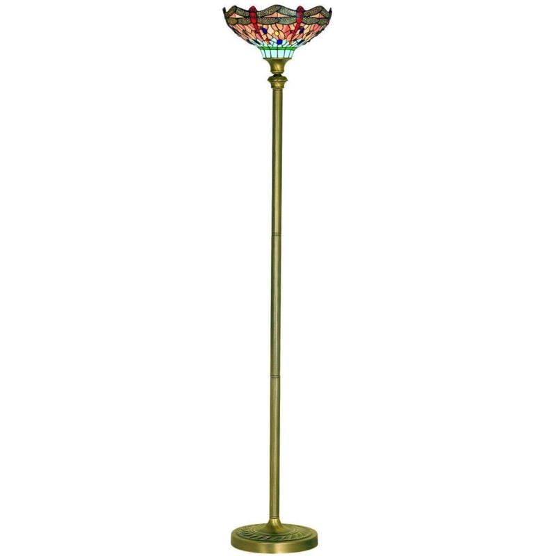 Dragonfly - Lampada da terra a 1 luce Ottone antico, Vetro Tiffany, Rosso, Blu, E27 - Searchlight